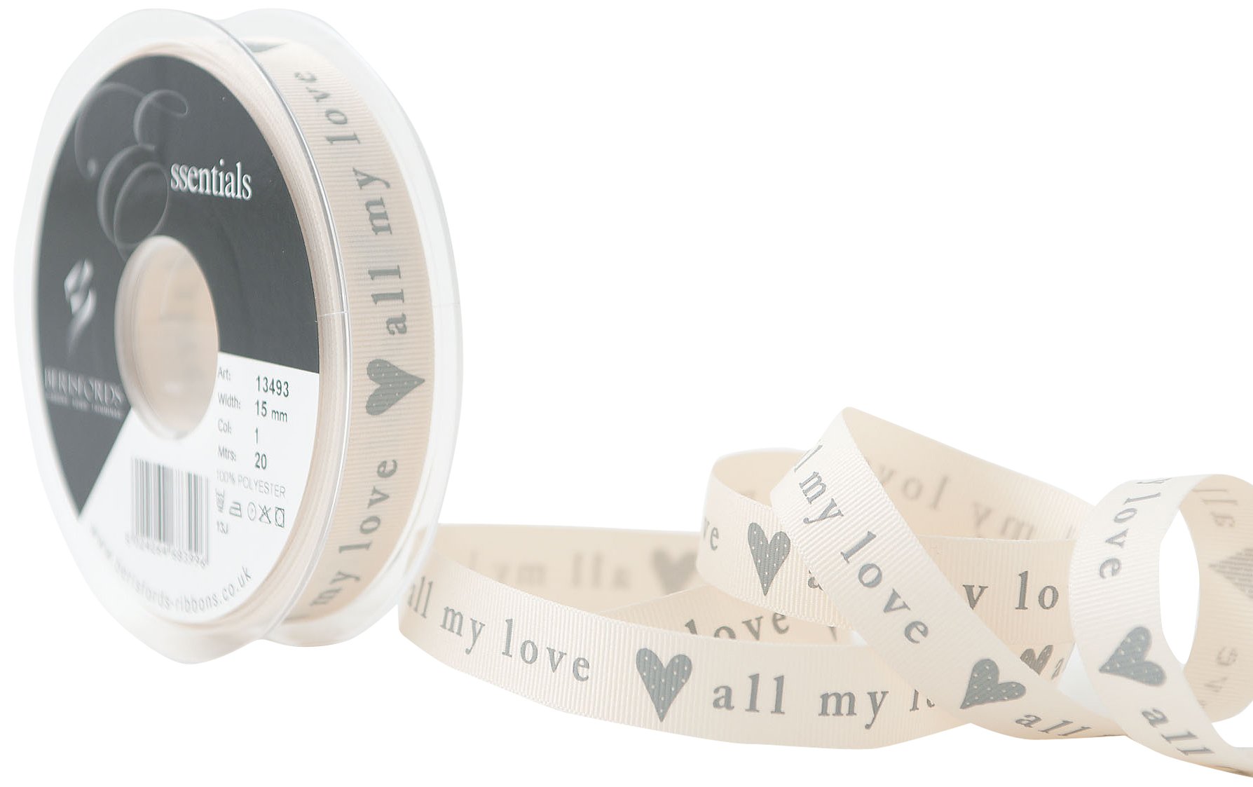 Berisfords 15mm All My Love Ribbon, Natural and Grey โ image 1