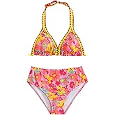 BEAUDRM Girl's 2 Piece Floral Print Swimsuits Halter Triangle Bikini Boho High Waisted Bathing Suit