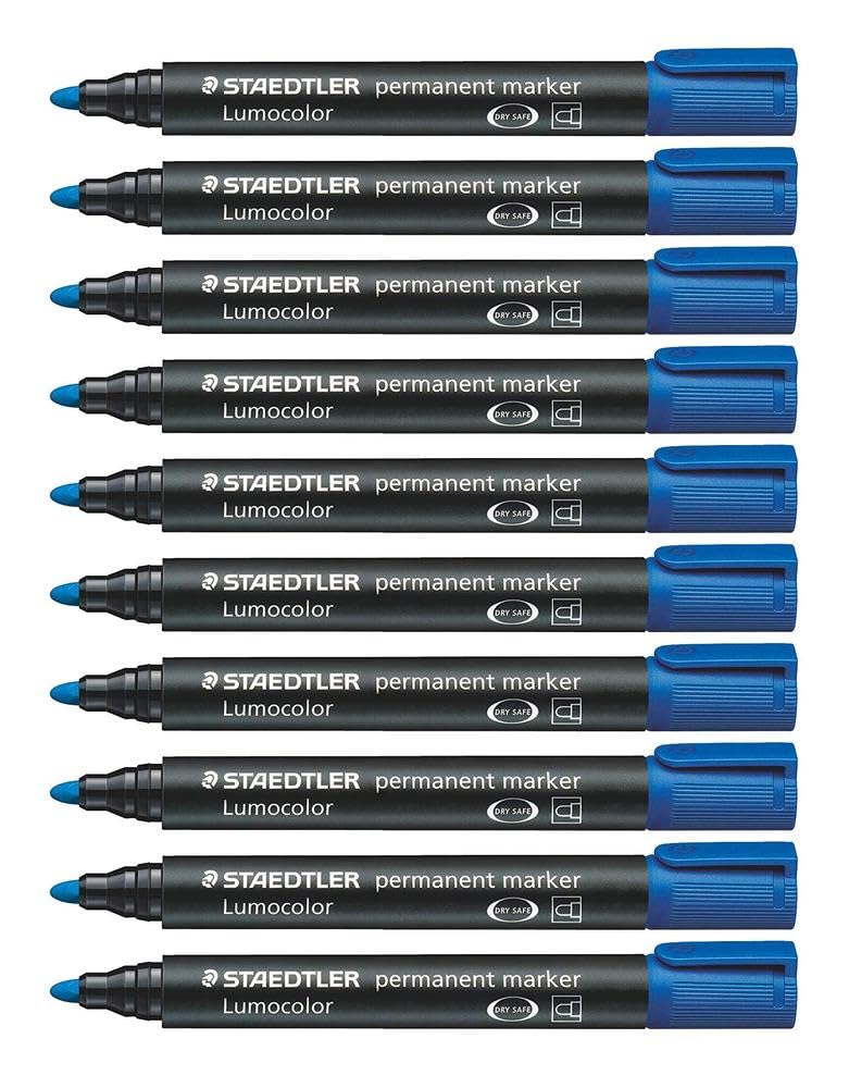 STAEDTLER Lumocolor Bullet Tip Permanent Marker, Blue, Pack of 10