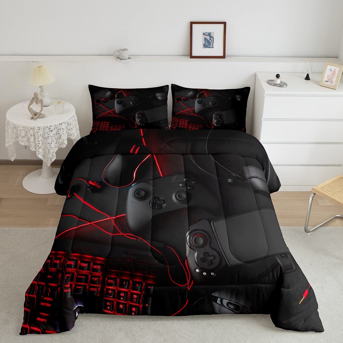 Gamer Comforter Set Black Gamepad Down