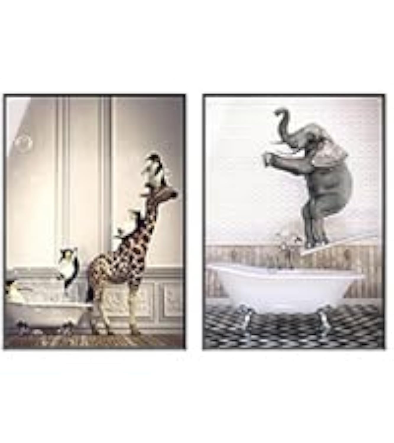 LPFNSF Bathroom Pictures Bath Animal Giraffe Elephant in the Bath Picture Funny Wall Art Prints Canvas Poster of the Bathroom Without Frame (Style 3.30 x 40 cm x 2)
