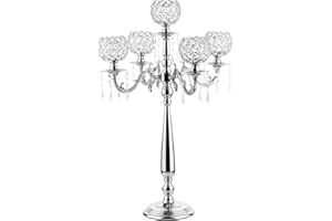 VINCIGANT 5 Arms Tall Floor Candelabra,Crystal Candlestick Holders for Wedding Centerpieces,Silver Crystal Candelabras Chandelier Centerpieces for Table Table Decoration, (29.5inches)
