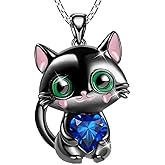 CASOLVX Black Cat Necklace - Cute Cat Heart Necklace with Rhinestone Heart - Jewelry for Women and Teen Girls