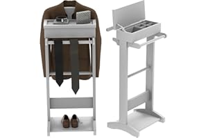 HRVEOCEI Wood Mens Valet Stand,Freestanding Suit Stand&Clothes Butler Valet Stand with Hanger,Tie&Belt Hooks,Shoe Rack,Storage Organizer for Keys,Watches,Wallet,Jewelry in Entrance,Bedroom (Style2, White)