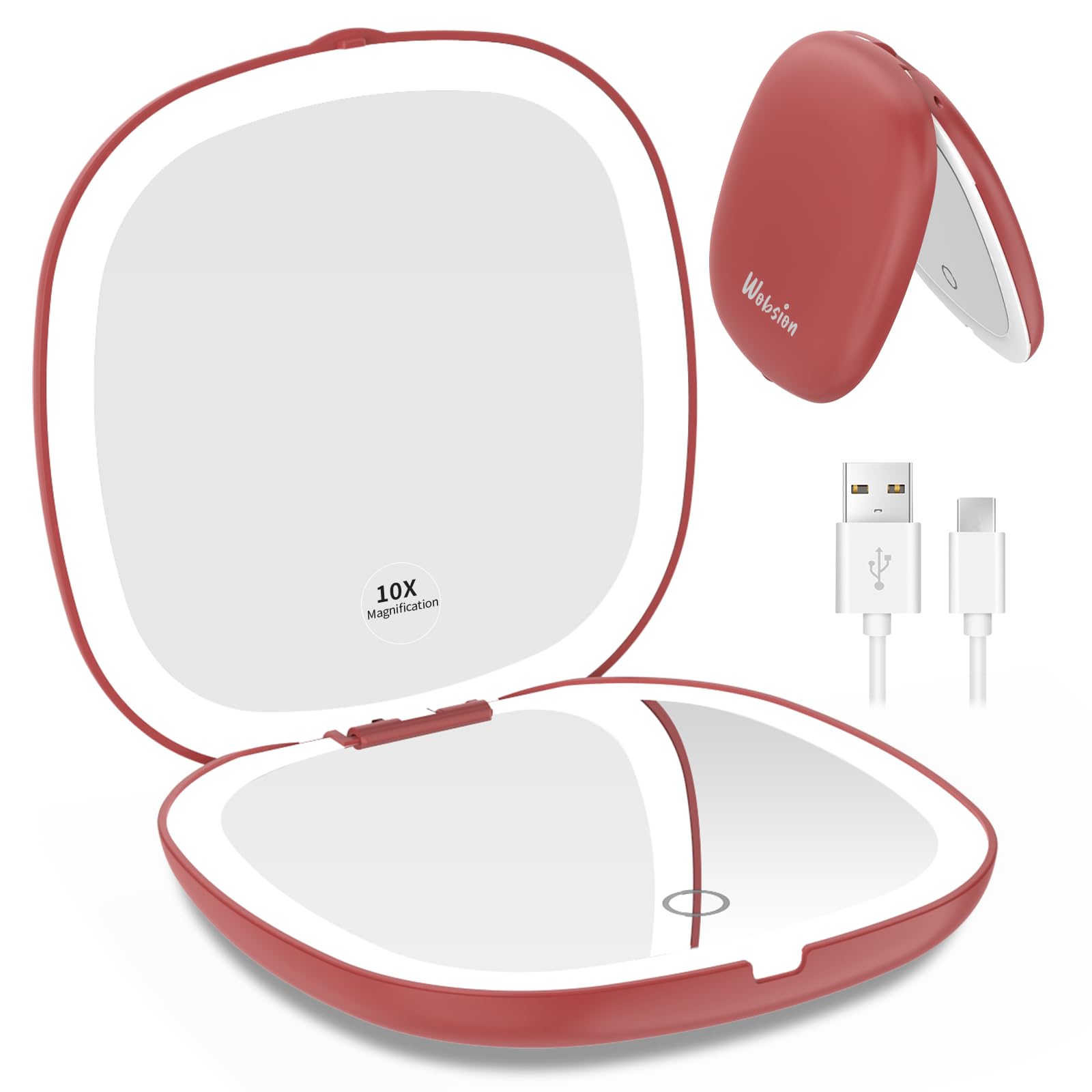 WOBSION Travel Mirror with Light for Makeup, 1x/10x Magnifying Compact Mirror for Handbag, 10cm Rechargeable Pocket Mirrors, 2-Side Dimmable Led Light up Mirrors, Handheld, Gifts for Women, Red
