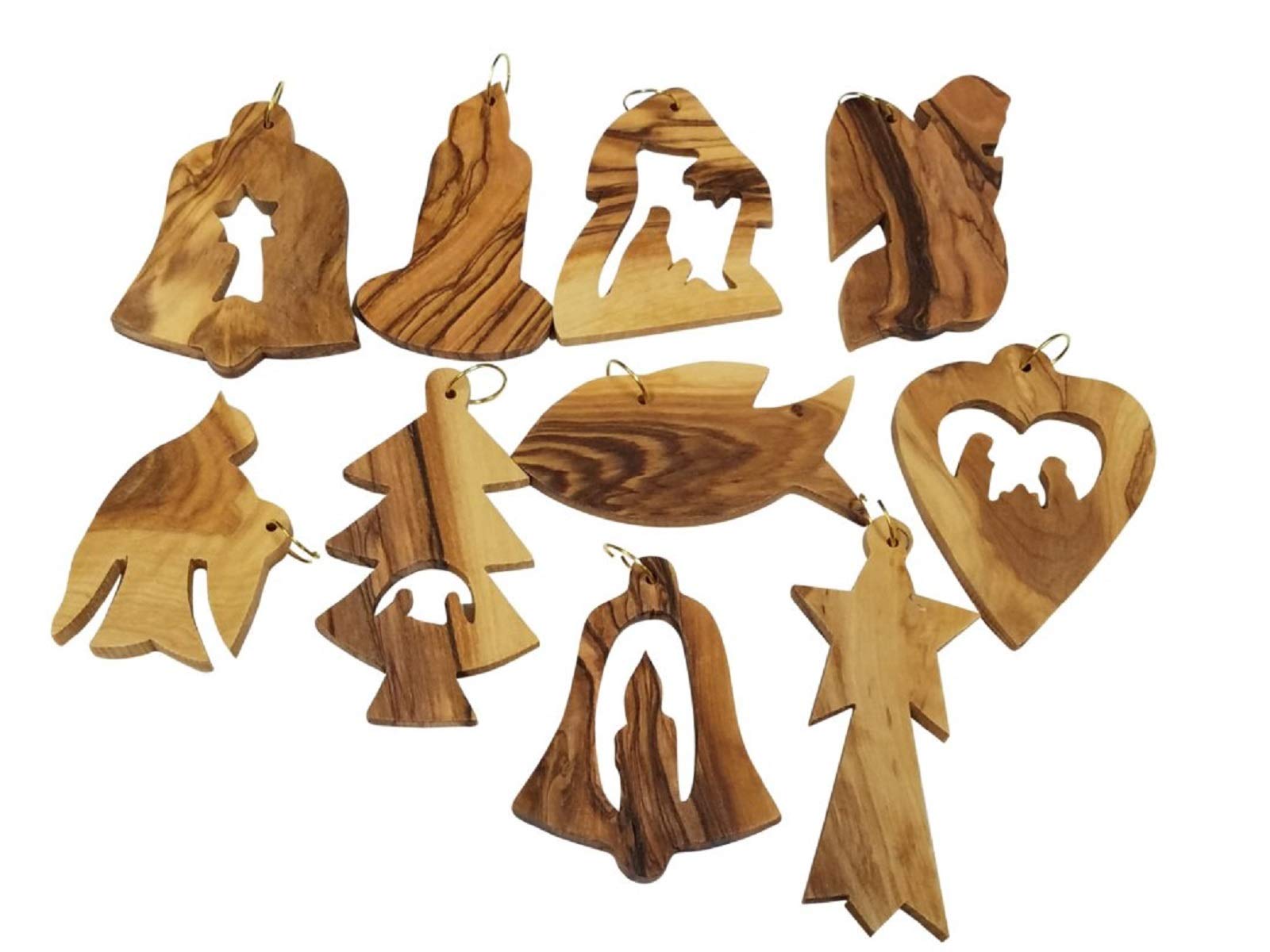 Bethlehem Gifts TM Certificated Assorted Bethlehem Olive Wood Christmas Tree Ornaments (Set of 10)