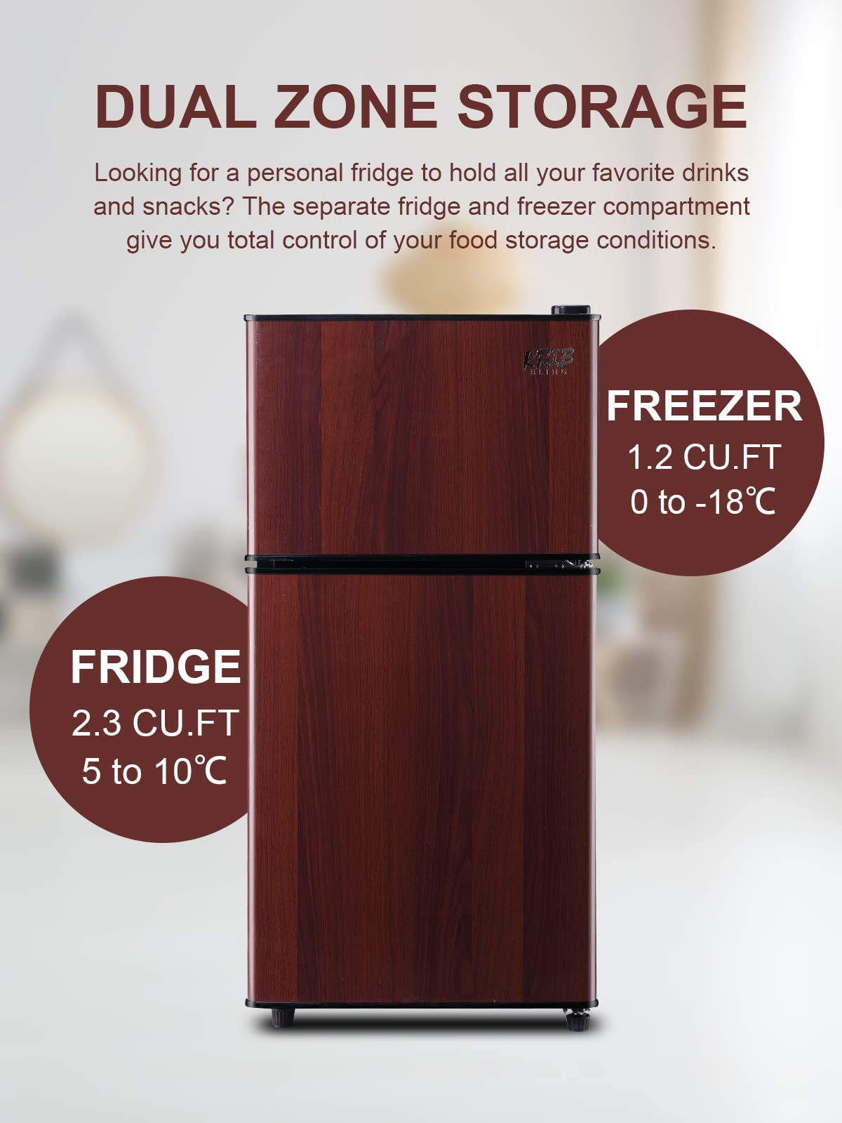 Refrigerator with Freezer 3.5 Cu.Ft with 7 Level Adjustable Thermostat Control 2 Door Energy Saving Top-Freezer Compact Refrigerator Wood