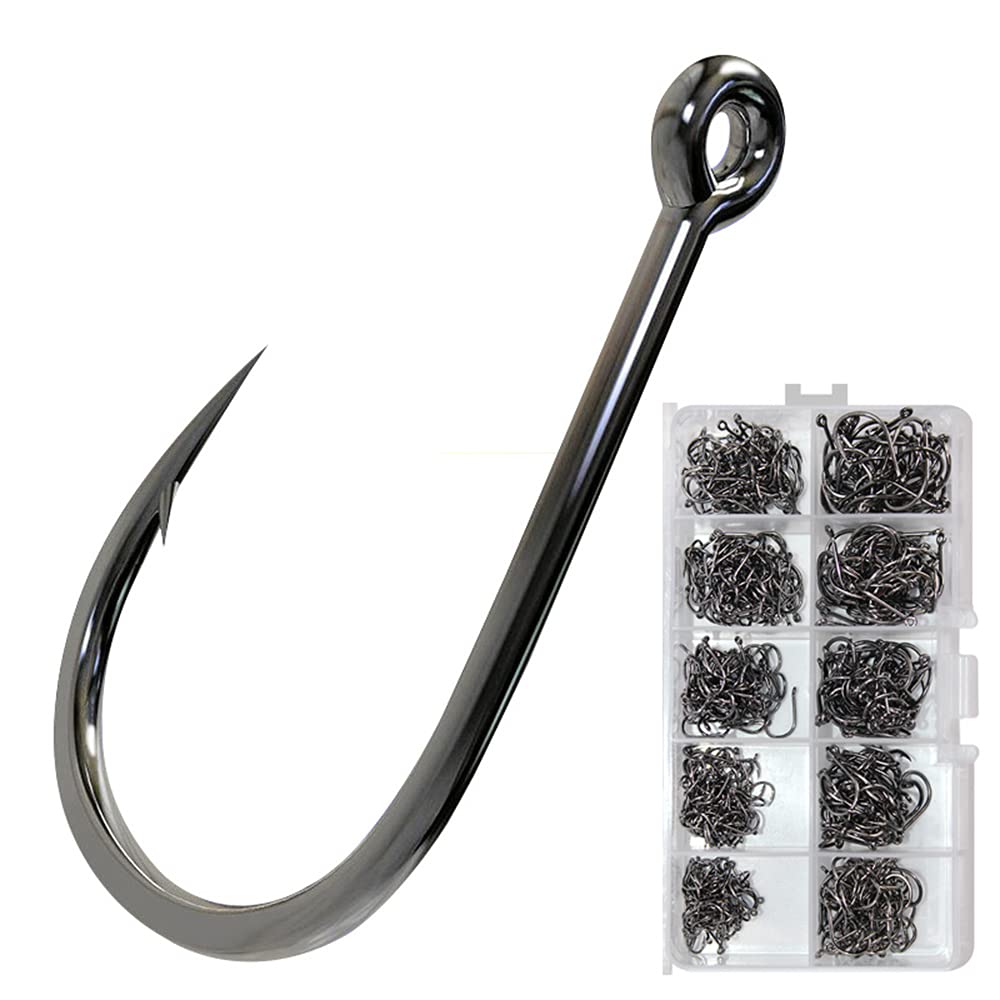 ANCLLO 10 Size Stainless Steel Saltwater Fishing Hooks - 500pcs Hooks Forged Long Shank J Fishing Hooks Extra Strong Metal Fish Hooks Size 2#-12#