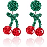 Cute Rice Beads Fruit Strawberry Dangle Earrings for Women Boho Seed Beads Fruit Cherry Drop Earrings Handmade Weave Rice Beads Fruit Earring Jewelry