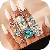 Bohemian Turquoise Ring Set for Women,Vintage Western Rings Chunky Turquoise Opal Stackable Knuckle Ring Set Punk Midi Finger Ring Pack Boho