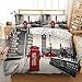 Feelyou Modern Duvet Cover Set King Size, Soft Famous London Themed Red Grey Comforter Cover Set 3 Pieces Bedding Set with 2 Pillow Shams, Zipper, Retro Telephone Booth The Big Ben Symbols