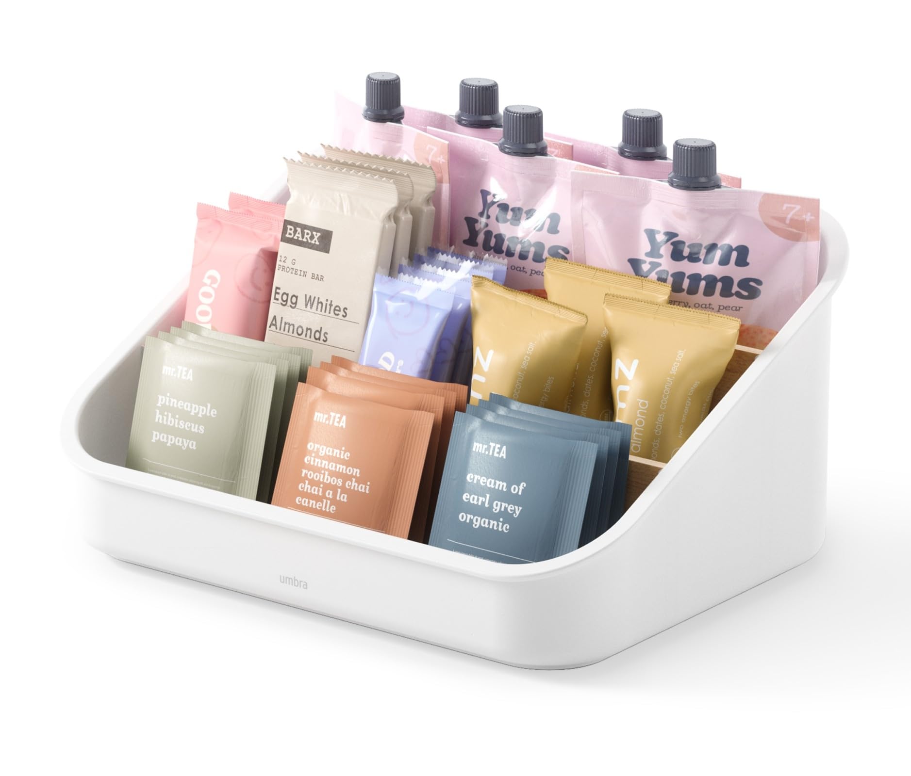 Umbra Bellwood Packet Organizer, Divided Tray for Pantry Ingredients and Other Small Items, Made of Durable Plastic and Wood, Natural/White