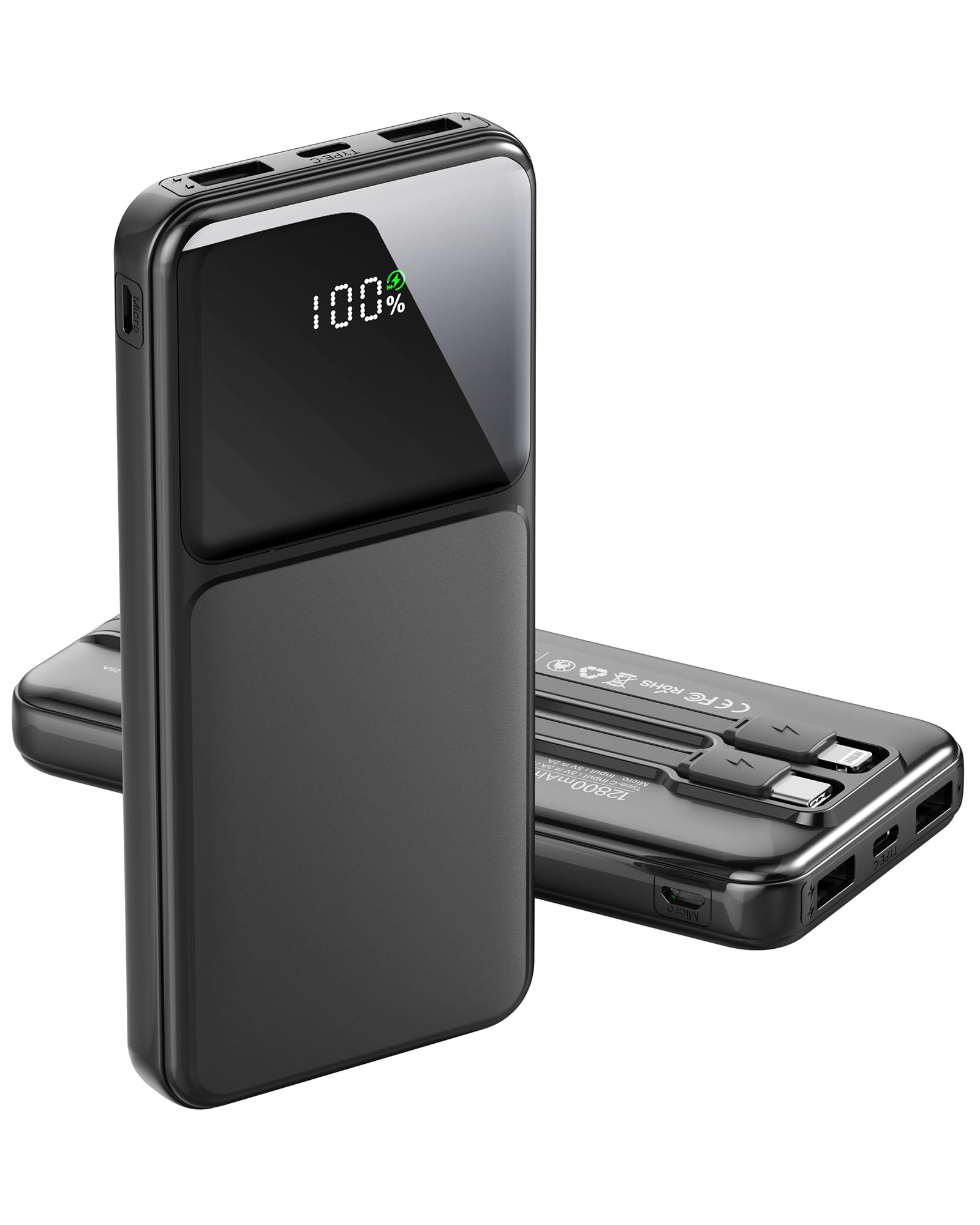 Photo 1 of 12800mAh Portable Charger with Built in Cables, 22.5W 3A High Speed Charging Travel Essentials, LED Display Slim PowerBank, 4 Outputs 2 Inputs Built-in USB C&Lightning Cables for iPhone iPad Android