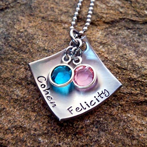 Hand Stamped Persoanlized Name Necklace with Channel Drop Birthstones 3/4" Domed Diamond Shaped Pendant