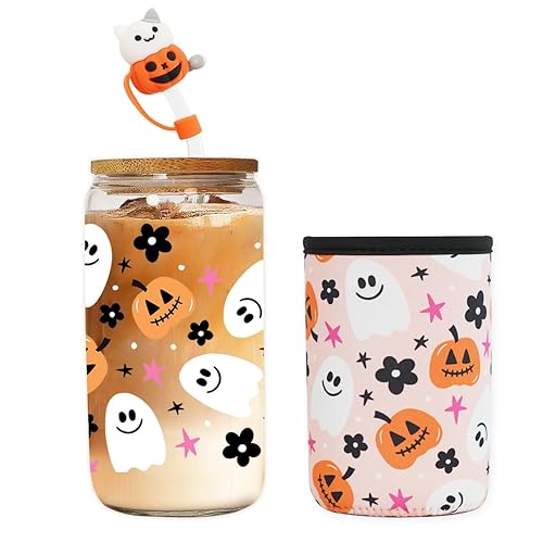 Haevola Gift for Halloween, Cute Glass Cup with Lid and Straw, Glass Coffee Tumbler, Aesthetic Cups with Sleeve, Iced Coffee Sleeve, Tumbler with Lid, Pumpkin Whimsy