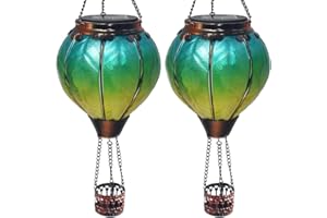 OUISJYER 2PC Hot Air Balloon Solar Lantern, Flickering Flame Hanging Solar Lanterns Outdoor Lights Waterproof Lanterns Decorative Garden Patio Yard Party Decor with 2PC Shepherd Hook Green