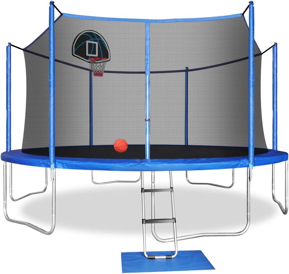 Blanketown 15FT 14FT 12FT 5FT Trampoline with Basketball Hoop,Enclosure Net,Jumping Mat,Spring Pad,Wind Stakes,Pull T-Hook and Ladder-Including All Accessories-Trampoline for Kids