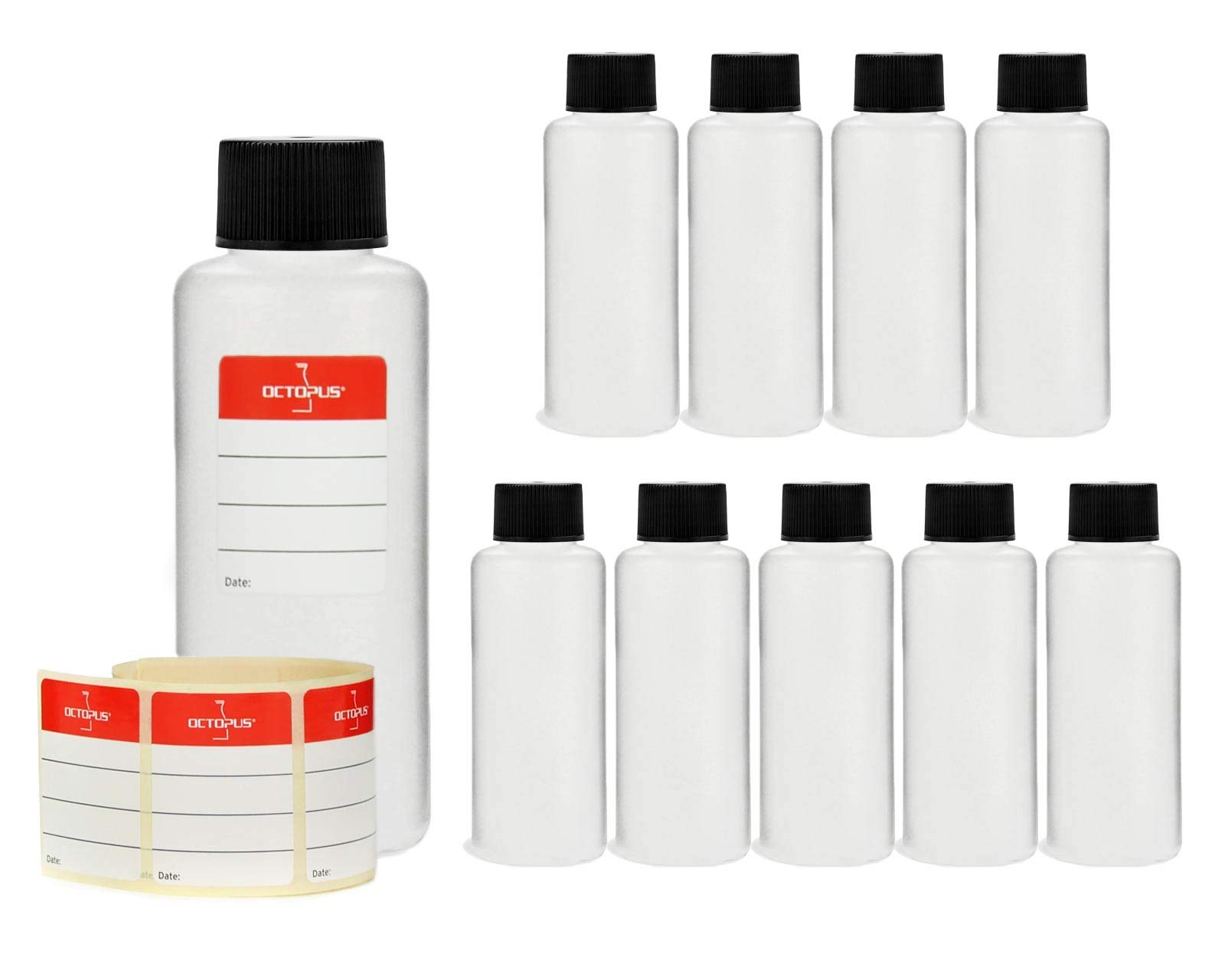 Octopus 10 x 100 ml plastic bottles, round HDPE plastic bottles, empty, thread diameter 25 mm, 10 pieces with top