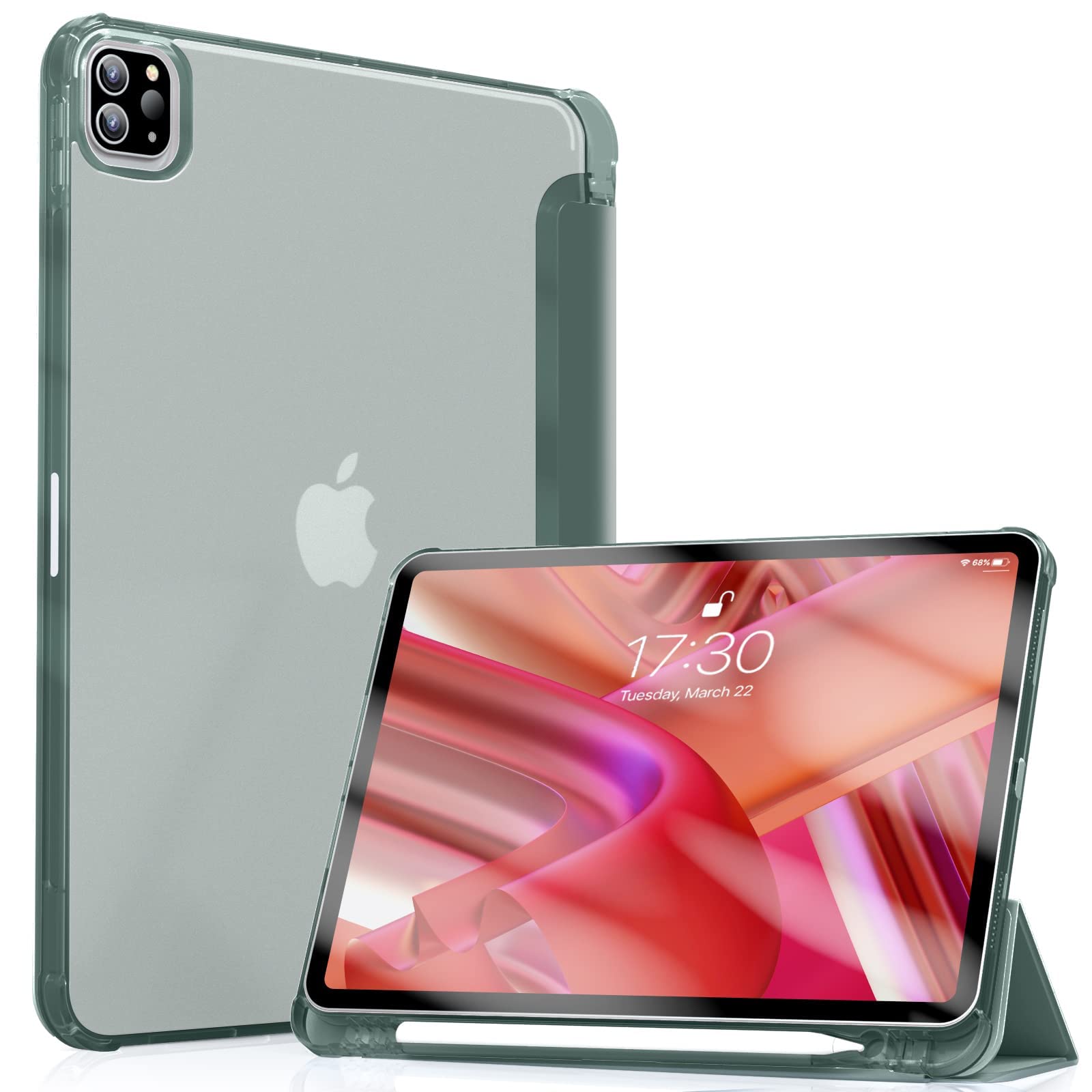 Visaccy Case for iPad Pro 11 Inch 2022/2021/2020/2018 (4th/3rd/2nd/1st Generation) with Pencil Holder Auto Sleep/Wake Semi-Transparent Soft TPU, Dark Green