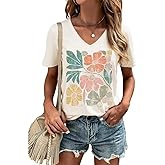 Women's T-Shirt V-Neck Graphic Tees Vintage Boho Flowers Shirt Summer Casual Plant Short Sleeve Tshirt Tops