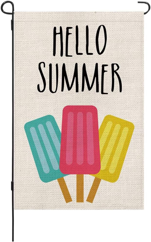 Hello Summer Garden Flag,Burlap Double Sided Banner Yard, Watercolor Blue Red Yellow Ice Flag, Outdoor Decoration 12.5 x 18 Inch