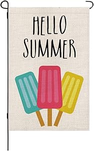 Hello Summer Garden Flag,Burlap Double Sided Banner Yard, Watercolor Blue Red Yellow Ice Flag, Outdoor Decoration 12.5 x 18 Inch