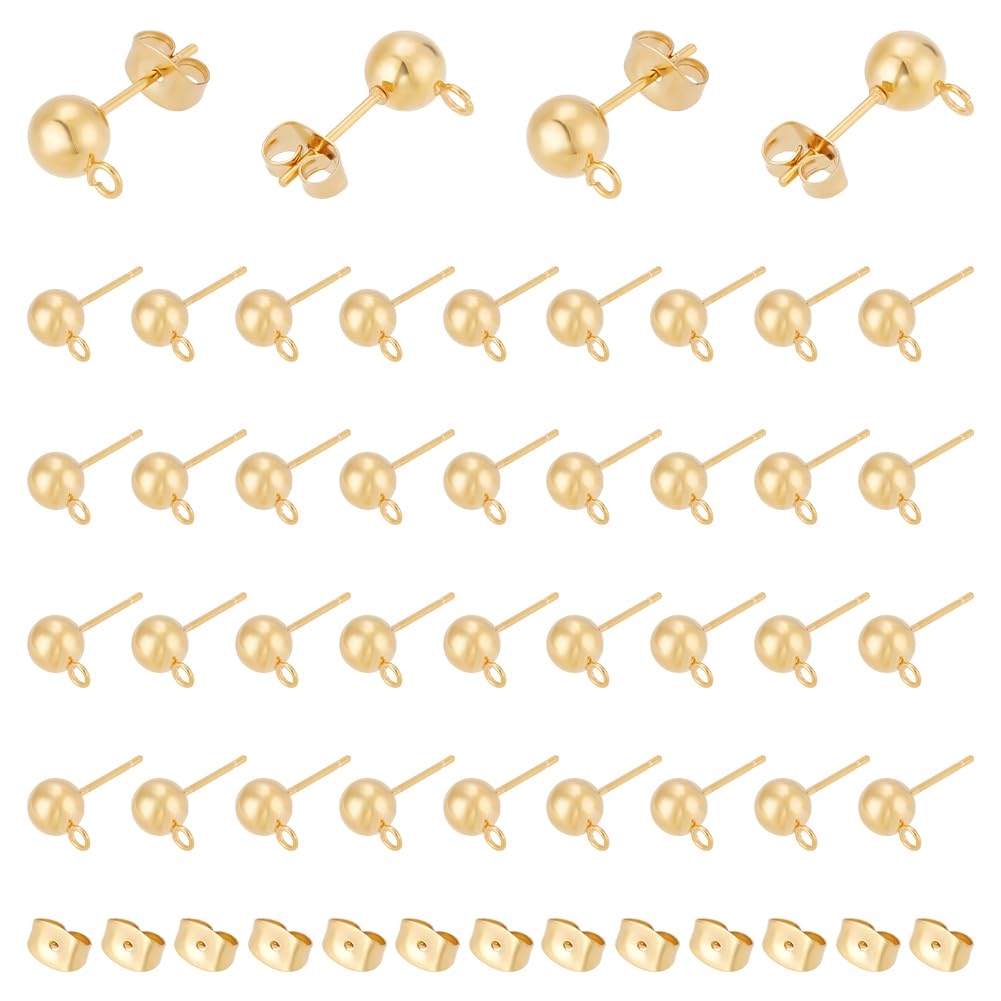 UNICRAFTALE about 30pcs Golden Ball Post Stud Earrings with Ear Nuts Stainless Steel Stud Earring Findings Ear Stud with Loop Earring Findings Earring Component for DIY Jewellery Making