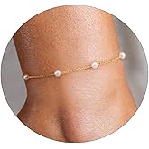VIROMY Ankle Bracelets for Women Gold Chain 14K Gold Plated Pearls Beads Anklet Dainty Beach Summer Simple Foot Anklets for Women