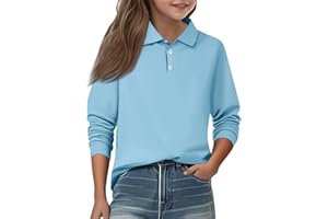 WUJIJIA Girls' Long Sleeve Polo Shirt Classic Solid Color Soft Top School Uniform Casual Wear for Kids