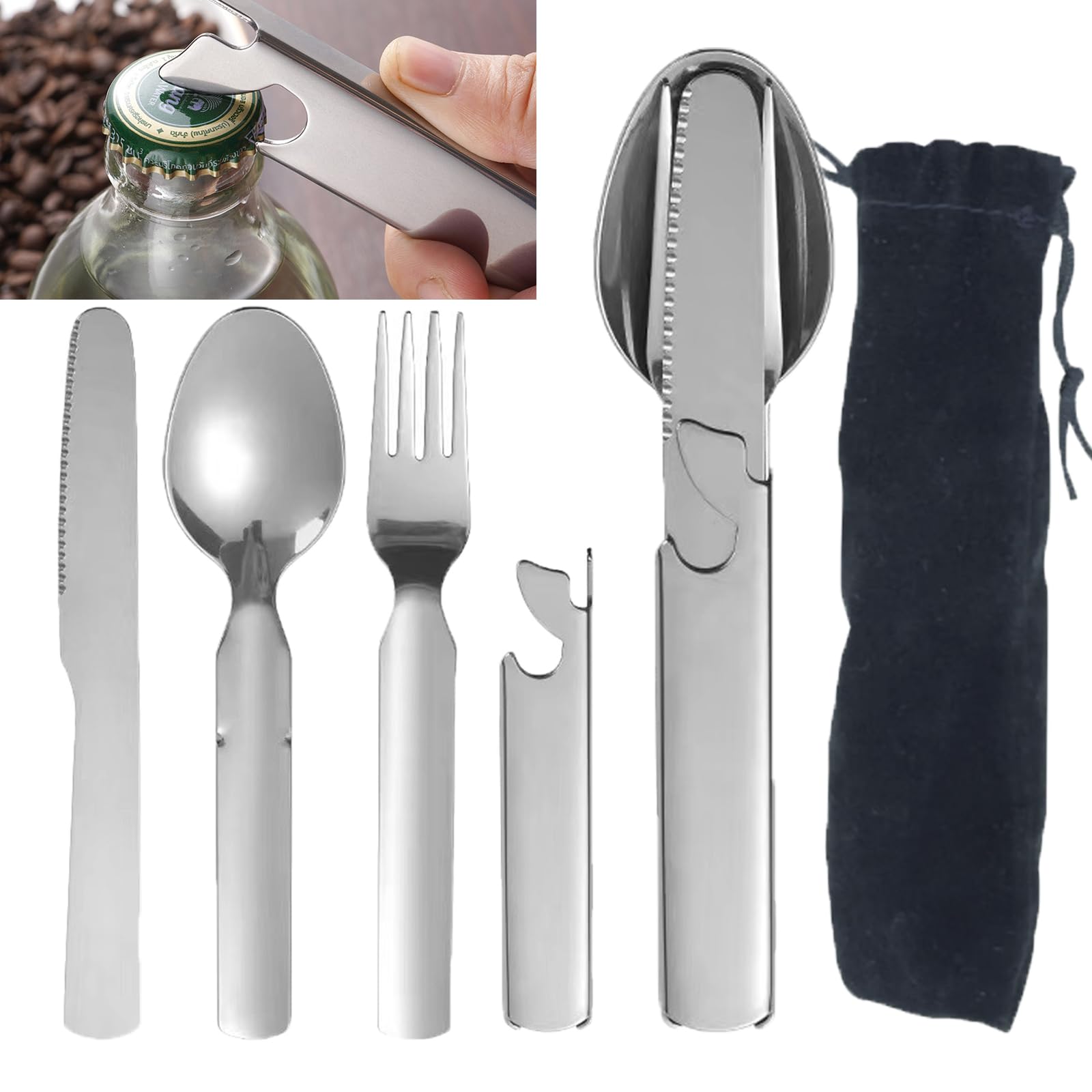 BSITSSS Travel Cutlery Set, 4 in 1 Camping Cutlery with Portable Organizer Bag, Reusable Silverware Travel Cutlery Set Steel, Reusable Picnic Cutlery Sporks Stainless Steel for Outdoor Travel Picnic