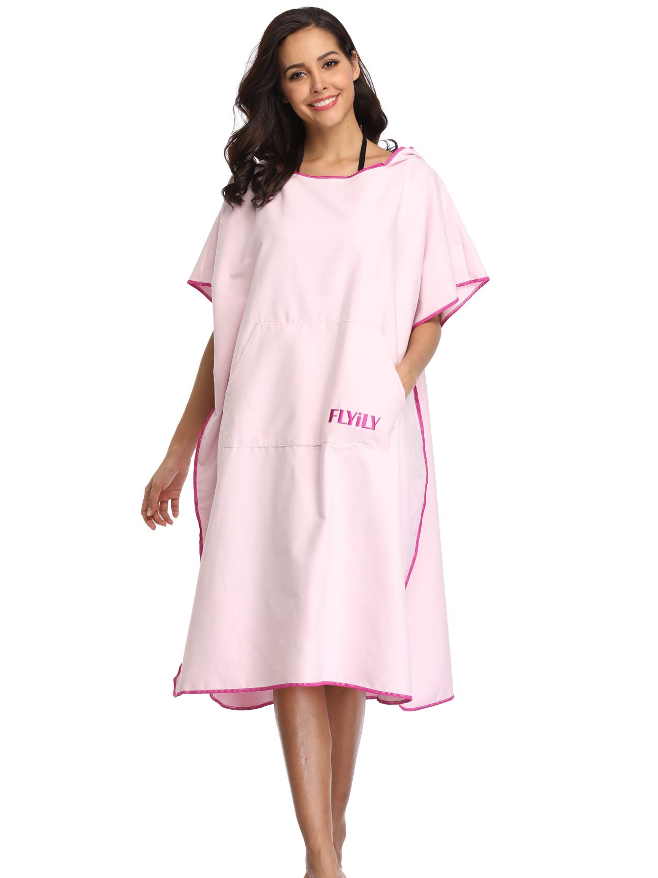 FLYILY Changing Towel Poncho Hooded light weight Microfiber surf wetsuit changing with pocket, Adults/Kids beach swimming changing towel (LightPink, Large(Fit for Adult))