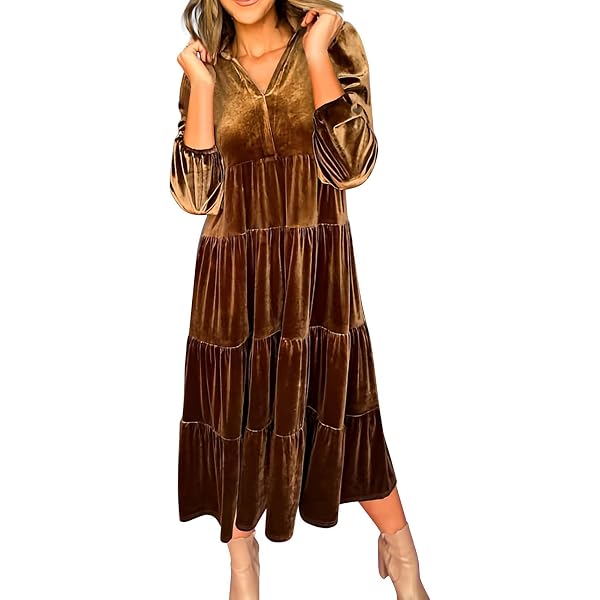 chouyatou Women's Vintage Corduroy Babydoll Dress A-Line Tiered Maxi Long  Dress with Pockets (Small, Brown) at Amazon Women's Clothing store