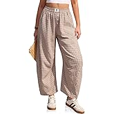 TARSE Gingham Pants Women Barrel Loose Wide Leg Checkered Casual Linen Plaid Trousers with Pockets