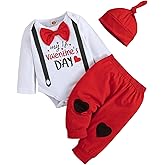 ODIMAME My 1St Valentines Baby Boy Outfits Gift Newborn Romper Clothes Pants Set Cute Hat 0-18 Months