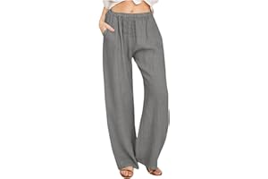 Women's Cotton Linen Pants Summer Wide Leg Casual Loose Drawstring High Waist Palazzo Pants with Pocket