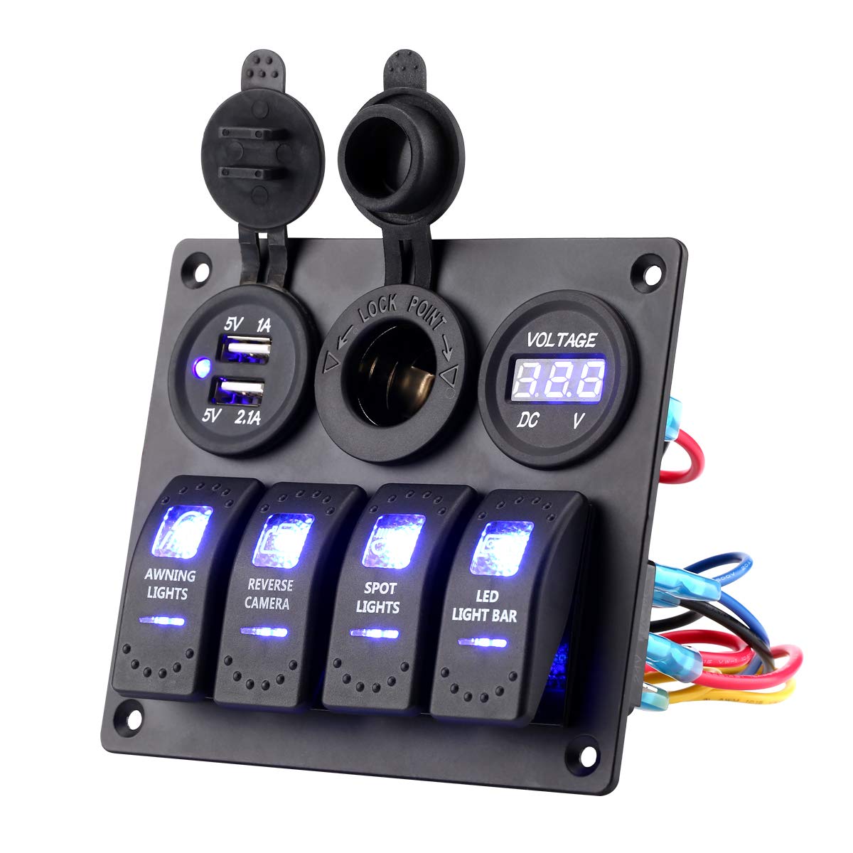 Jiaying Rocker Switch Aluminum Panel 4 Gang Toggle Switches with DC 5V 3.1A Dual USB Charger Digital Voltmeter Display DC 12V Power Socket for Car Trailer Marine Boat RV Vehicle Truck: Industrial & Scientific