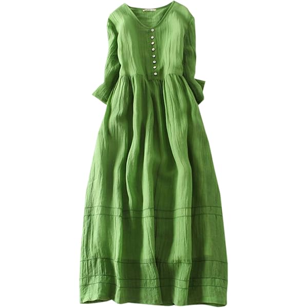 knee length dresses for ladies 100% Linen Tailored Lapel 3/4 Sleeve Midi Shirt Dress Mercedes, Mustard Green / XXL main image 1