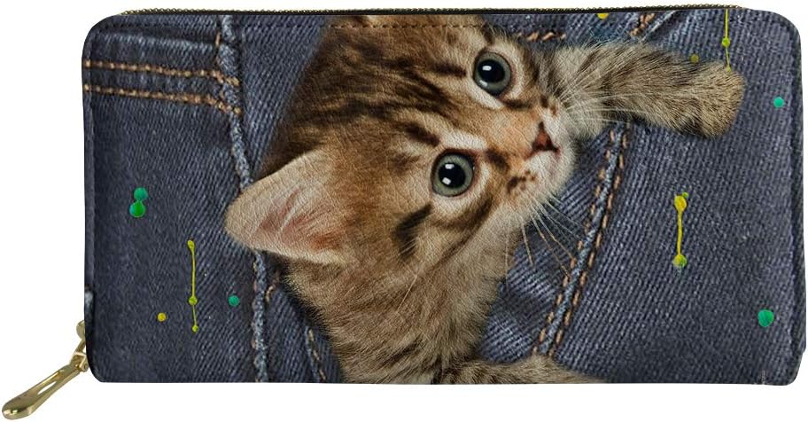 HUGS IDEA Long Wallets Card Holder Clutch for Ladies Lovely Kitten Cat Print Traveling Pouch, Cat 5