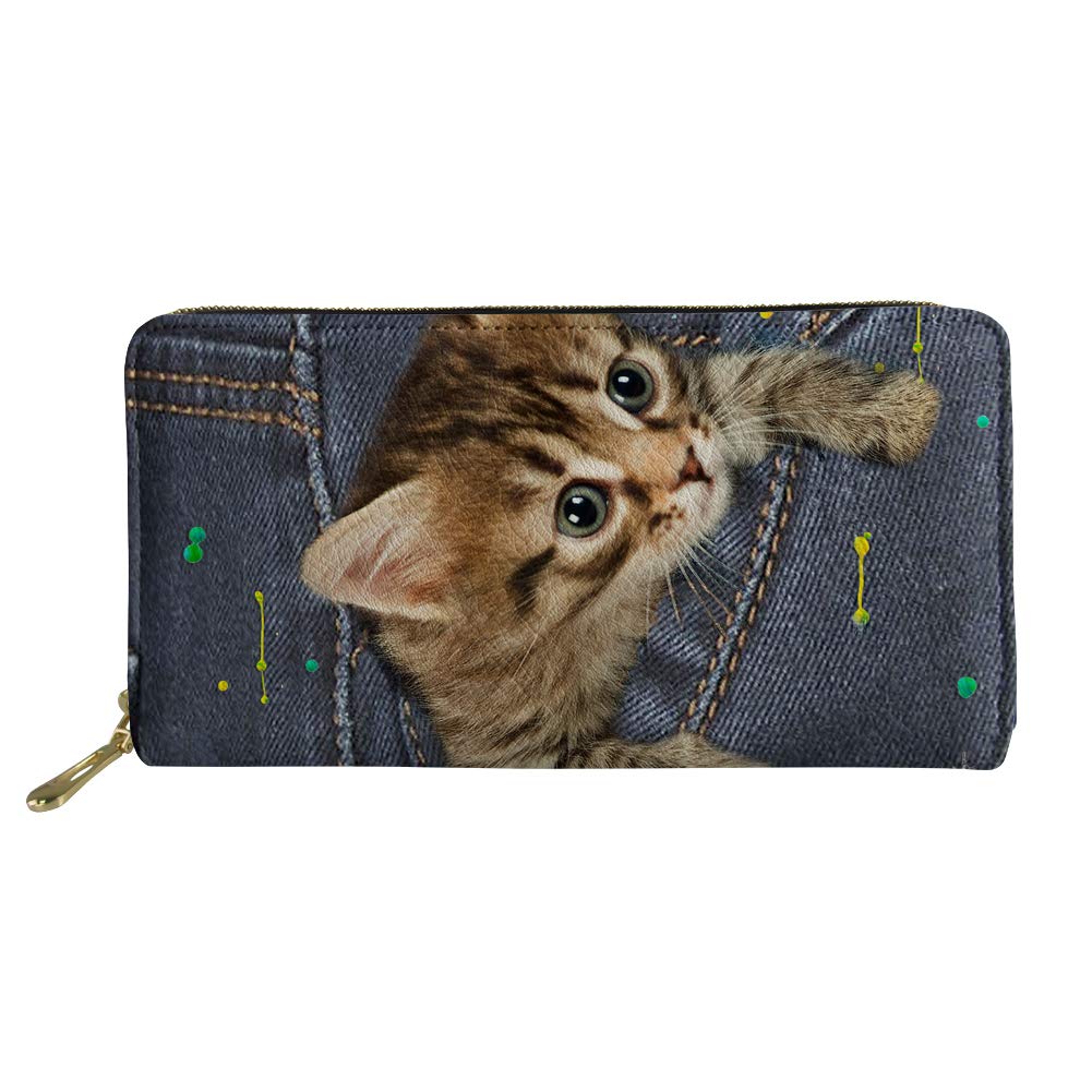 HUGS IDEA Long Wallets Card Holder Clutch for Ladies Lovely Kitten Cat Print Traveling Pouch