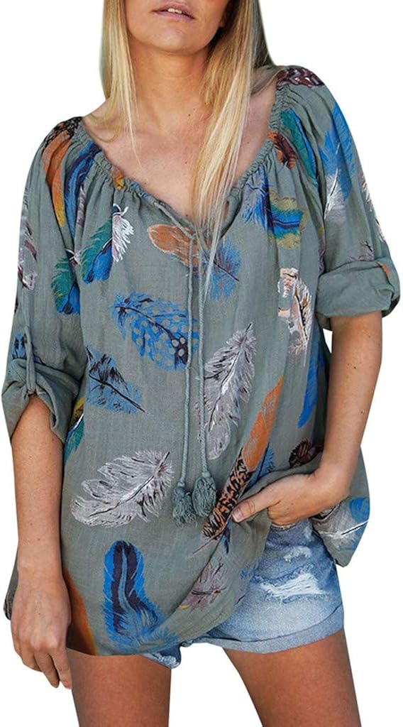 Long Sleeve for Women Tops,Ladies Casual V Neck Floral Print T-Shirt Loose Drawstring Tunic Blouses Tops Gogoodgo