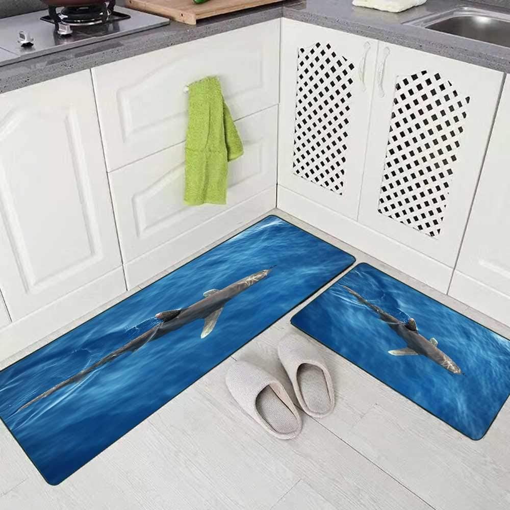 Musesh 2 Pieces Kitchen Rugs and Mats Non Skid Washable Shark Fin in Water Gray Reef on Sea Surface White Tip Underwater Kitchen Rug Set 17"X48"+17"X24" Kitchen Carpets and Rugs Modern Kitchen Rug