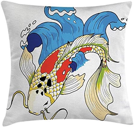 Happy Sunday Ocean Animal Decor Throw Pillow Cushion Cover by, Mystical Asian Koi Common Carp Fish in Waves Chinese Sea Creature Zen Image, Decorative Square Accent Pillow Case, 24 X 24 Inches, Multi