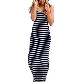 Roselux Women Sleeveless Scoop Neck Striped Maxi Sundresses Loose Racerback Long Dress
