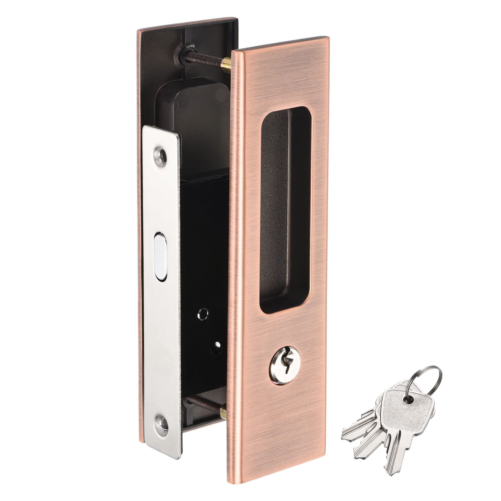 PATIKIL Sliding Door Lock, Invisible Recessed Handle Latch, Rectangle Privacy Pocket Door Lock with Keys for Barn Door Wood Furniture Hardware, Copper