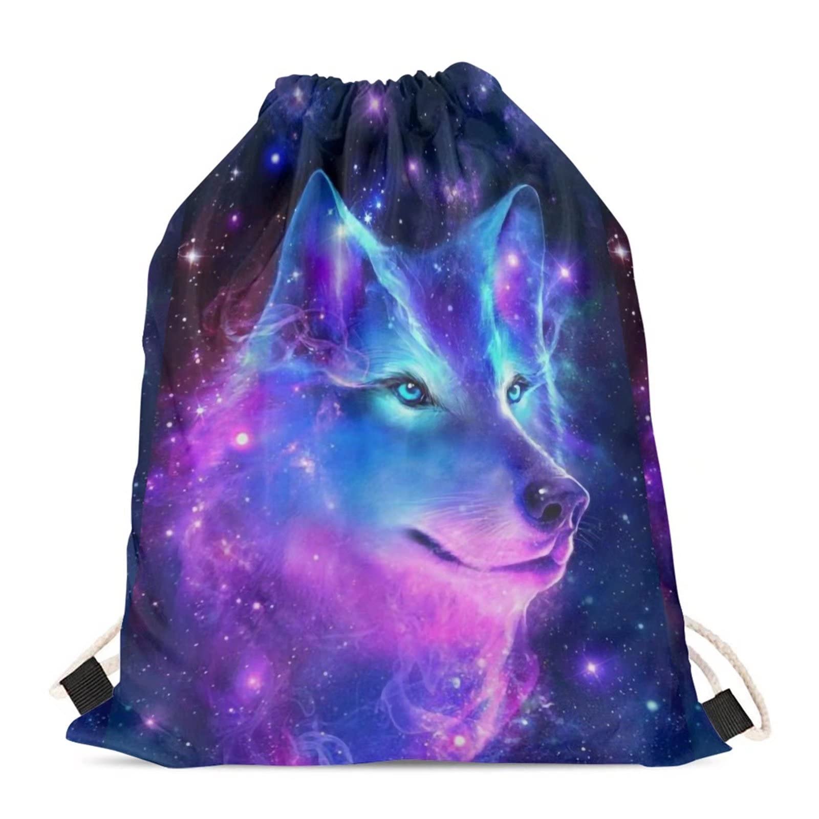 Showudesigns Wolf Drawstring Bag for Kids Galaxy Swim Bag Boys Girls Outdoor Sport Gym Backpack Swimming PE Cinch Sack Thick Strap Gifts Purple Blue