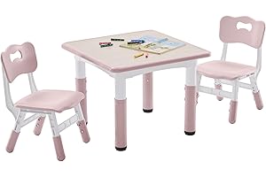 CuFun Kids Table and 2 Chairs Set, Height Adjustable Toddler Table and Chair Set for Age 3-8, 23.6''Lx23.6''W Graffiti Desktop,Non-Slip Legs, Kids Activity Table for Daycare, Classroom, Home