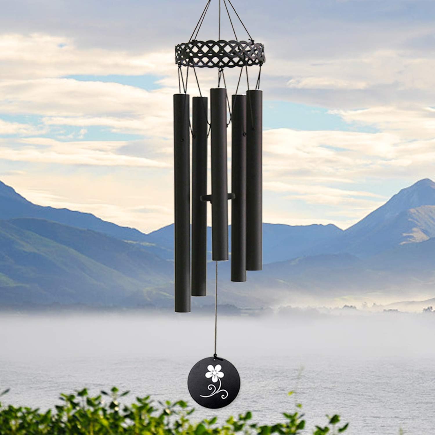 AUCHEN Memorial Wind Chimes Outdoor, Remembrance Wind Chimes Amazing Grace with 5 Metal Tubes, Black Sympathy Personalized Wind Chimes for Indoor Patio Balcony Garden Decor, 30”