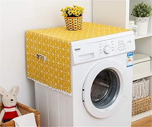 Annchaos Washing Machine Cover Dust Oil Proof Dryer Top Loader Cloth with Side Storage Pockets Cotton Linen Kitchen Refrigerator Appliance Protector (Yellow Checkerboard)