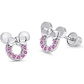925 Sterling Silver Rhodium Plated Pink Mouse Cubic Zirconia Screwback Baby Girls Earrings