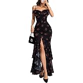 GothDark Womens Maxi Dress Spaghetti Strap Sweetheart Neck Mesh Ruffled Front High Slit Romantic Wedding Guest Party Outfit